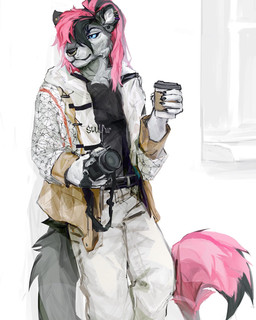 ambiguous_anthro ambiguous_gender anthro belt blue_eyes bottomwear camera clothed clothed_ambiguous clothed_anthro clothing coffee_cup container cup ear_piercing ear_ring facial_piercing fully_clothed fully_clothed_ambiguous fully_clothed_anthro fur grey_body grey_fur hair holding_camera holding_coffee_cup holding_container holding_cup holding_object jacket nose_piercing nose_ring pants piercing pink_body pink_fur pink_hair ring_piercing shirt simple_background solo topwear white_background suulfur felid lion mammal pantherine 4:5 hi_res