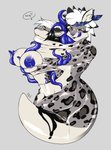 ambiguous_gender anthro areola blue_areola duo female simple_background suit_transformation tentacles transformation unregisteredcat jackson_grayman animate_inanimate felid living_clothing living_costume mammal pantherine snow_leopard symbiote hi_res