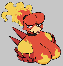 anthro beak big_breasts breasts choker eyelashes featureless_breasts female front_view grey_background high-angle_view jewelry necklace non-mammal_breasts pokemorph red_body red_eyes simple_background solo yellow_body nerdyreindeer nintendo pokemon generation_1_pokemon magmar pokemon_(species)