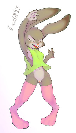 anthro areola areola_slip bottomless bottomless_anthro bottomless_female breasts buckteeth clitoris clothed clothing dancing eyes_closed female footwear footwear_only fur genitals green_clothing green_shirt green_tank_top green_topwear happy legwear legwear_only mostly_nude mostly_nude_anthro mostly_nude_female multicolored_body multicolored_fur navel nipples open_mouth oversized_clothing pink_clothing pink_footwear pink_legwear pink_nose pink_socks shirt shirt_only side_boob simple_background smile socks socks_only solo tank_top tank_top_only teeth text topwear topwear_only vulva white_background crombie disney zootopia judy_hopps lagomorph leporid mammal rabbit 2017 absurd_res artist_name dated digital_media_(artwork) hi_res shaded signature