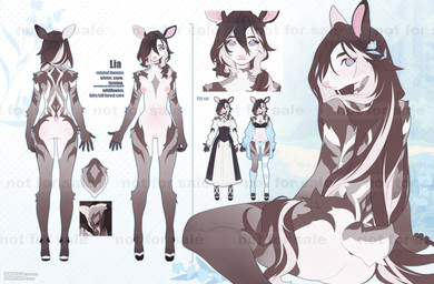 accessory anthro areola belly_blush biped blush body_blush bra breasts brown_body brown_fur butt clothed clothing corset dress eyelashes female flower flower_in_hair front_view fur hair hair_accessory hooves humanoid_hands lingerie long_hair looking_at_viewer multicolored_eyes nude plant ponytail rear_view sitting small_breasts solo standing text topwear underwear white_body white_fur wwufufu lia_(wwufufu) deer mammal absurd_res artist_name english_text hi_res model_sheet watermark
