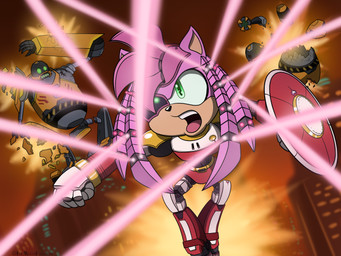 action_pose ambiguous_gender anthro biped black_nose cybernetics female fight front_view green_eyes group hair laser machine multicolored_body open_mouth outside pink_hair pose pseudo_hair red_body shield teeth tongue trio two_tone_body white_body shadowwalk netflix sega sonic_prime sonic_the_hedgehog_(series) amy_rose rusty_rose badnik cyborg eulipotyphlan hedgehog mammal robot 2025 hi_res
