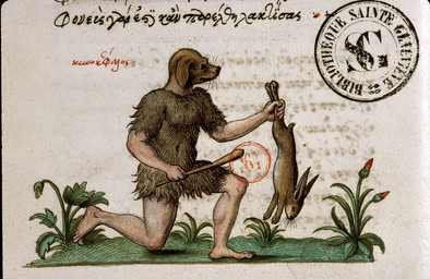 ambiguous_gender anthro club_(weapon) duo feral flower for_a_head fur grass greek holding_object holding_weapon kneeling male melee_weapon navel nude plant predator/prey renaissance side_view text weapon whiskers angelos_vergekios creative_commons license_info animal_head animal_humanoid canid canine canis cynocephalus domestic_dog hare humanoid lagomorph leporid mammal 1566 16th_century ancient_art formal_art greek_text hi_res traditional_media_(artwork) translated
