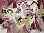 ambiguous_gender fangs feral fur green_body green_fur group looking_at_viewer painting smile teeth white_body white_fur naircat domestic_cat felid feline felis mammal 2013