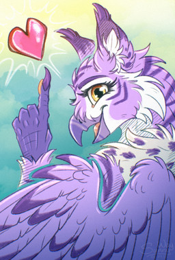 anthro beak claws female fluffy gesture one_eye_closed open_mouth paws soft_colors solo wings wink sunny_way mythology avian gryphon mythological_avian mythological_creature hi_res