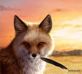 amazing_background ambiguous_gender black_lips black_nose cloud detailed_background feathers feral fur grass inner_ear_fluff lips long_mouth looking_at_viewer mountain no_sclera orange_body orange_fur outside photorealism plant pupils realistic reflection sky slit_pupils snout solo sunset tuft whiskers white_body white_fur jocarra canid canine fox mammal red_fox true_fox 2012 bust_portrait detailed portrait restricted_palette warm_colors watermark