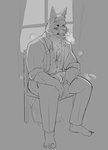 anthro clock clothed clothing male open_clothing open_shirt open_topwear shirt solo suspenders topwear watch gintrieu tatsune echo_(series) echo_project the_smoke_room william_adler canid canine canis coyote mammal wolf hi_res