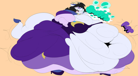 anthro belly belly_overhang big_belly big_breasts black_hair breasts burping clothing deep_navel dress female gown hair horn huge_belly huge_breasts morbidly_obese navel obese obese_female onomatopoeia overweight overweight_female princess royalty solo sound_effects speech_bubble tail text wardrobe_malfunction boxmingle mythology swissy dragon mythological_creature mythological_scalie scalie absurd_res hi_res