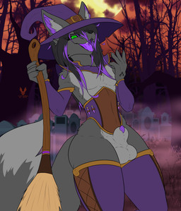 animal_genitalia anthro balls black_hair black_sclera bottomless broom casual_exposure cemetery cleaning_tool clothed clothing corset costume evil_laugh fully_sheathed fur genitals green_eyes grey_body grey_fur hair halloween_costume hat headgear headwear holidays laugh laughing_at_viewer legwear lingerie long_hair looking_at_viewer magic_user male multicolored_hair penis penis_tip potion potion_bottle pupils purple_hair purple_penis sheath solo thigh_highs topwear two_tone_hair unusual_pupils vial witch witch_costume witch_hat cutefckngbunny halloween quirin62 canid canine fox mammal red_fox silver_fox true_fox absurd_res hi_res