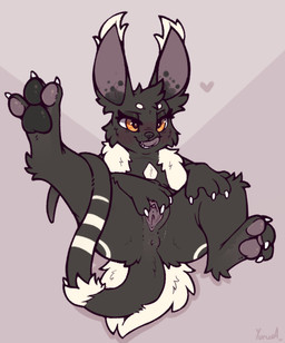 3_toes 4_fingers anus black_body black_fur blush butt_tuft cheek_tuft clitoral_hood clitoris detailed_vulva digitigrade ear_tuft facial_tuft feet female feral fingers fur genitals heart_symbol licking licking_lips lying markings nude on_back orange_eyes pawpads presenting presenting_vulva semi-anthro simple_background solo spread_vulva spreading striped_markings striped_tail stripes tail tail_markings toes tongue tongue_out tuft vulva white_markings yurusa mammal rodent unknown_species 2025 hi_res signature