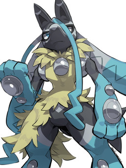 ambiguous_gender anthro black_body black_ears black_fur black_tail blue_body blue_eyes blue_fur featureless_crotch front_view fur grey_body grey_fur multicolored_body multicolored_fur narrowed_eyes simple_background small_waist solo standing tail white_background yellow_body yellow_fur makotoo nintendo pokemon pokemon_legends_z-a canid canine generation_9_pokemon mammal mega_evolution mega_lucario_z pokemon_(species) 3:4 digital_media_(artwork) signature
