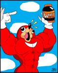 abs anthro big_pecs black_border border claws cloud humor male muscular muscular_male pecs red_body red_skin smile solo whey skianous sega sonic_the_hedgehog_(series) ugandan_knuckles knuckles_the_echidna echidna mammal monotreme colored digital_media_(artwork) hi_res meme