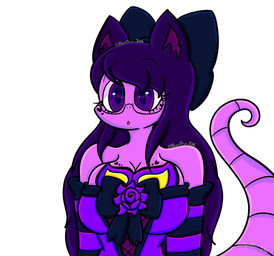 accessory anthro big_breasts bow_ribbon breasts female flower hair hair_accessory hair_bow hair_ribbon heart_symbol plant purple_body purple_eyes purple_hair ribbons solo lewdchuu nintendo pokemon lavender_(lewdchuu) arbok generation_1_pokemon pokemon_(species) hi_res