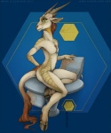 2012 ambiguous_gender antelope anthro armband biped blue_background blue_border border bovid brown_hair chair dragon e621 ear_piercing ecmajor flat_chested fur furniture furred_dragon furred_scalie green_eyes hair hooves horn hybrid looking_at_viewer mammal mascot mythological_creature mythological_scalie mythology nude piercing pose scalie signature simple_background sitting smile solo tail