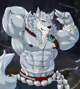 5_fingers abs barazoku biceps black_nose claws fingers humanoid_hands male muscular muscular_male one_eye_closed pecs eurobeat sdorica law_(sdorica) canid canine canis mammal wolf absurd_res hi_res