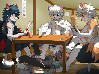 anthro anthro_on_anthro balls biped blue_eyes blush bodily_fluids bound chair container countershade_face countershade_fur countershade_torso countershading cum cumshot cup dipstick_ears ear_markings ejaculation erection feet foot_fetish foot_play footjob foreskin fur furniture genital_fluids genitals glans group hair humanoid_genitalia humanoid_penis inner_ear_fluff kemono male male/male multicolored_ears open_mouth open_smile penile penis restrained sex shota smile submissive table tail text tongue tongue_out tuft under_table white_hair young young_anthro young_male nekowuwu chinese_text hi_res