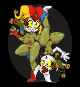 areola big_breasts biped breast_size_difference breasts clothing clown eyelashes female fool's_hat footwear freckles genitals glistening glistening_body green_body hat headgear headwear heart_pubes heart_symbol mostly_nude nipples pubes pupils sharp_teeth shoes small_breasts smile stylized_pubes teeth thick_thighs upside_down vulva wide_hips bonnytoad goblin humanoid absurd_res hi_res