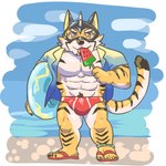 abs anthro clothing dessert floatie food footwear ice_cream inflatable male mask muscular muscular_anthro muscular_male pecs sandals shirt shoes solo speedo summer superhero swimwear topwear weedwolfeatmeat lifewonders live_a_hero ryekie_(live_a_hero) felid mammal pantherine tiger 1:1 low_res