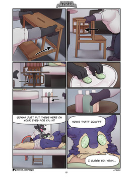 anthro bottle clothed clothing collared_shirt container cucumber dialogue food fruit furniture group inside male male/male massage_table mostly_nude nude plant shirt speech_bubble step_stool table text topwear towel towel_around_waist towel_only trio bagu conditional_dnp nintendo pokemon charlie_(bagu) cye_(bagu) ven_(bagu) badger generation_2_pokemon generation_7_pokemon lizard mammal mustelid musteline pokemon_(species) reptile salandit scalie shiny_pokemon typhlosion absurd_res comic english_text hi_res url