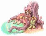 brown_eyes brown_hair clothing duo female freckles gloves hair handwear hat headgear headwear open_mouth sitting smile water hoshiko bandai_namco digimon mimi_tachikawa treet digimon_(species) human mammal palmon