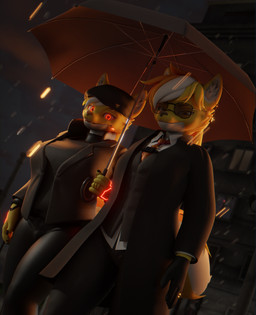 anthro bulletproof_vest clothing creepy_smile cybernetic_arm cybernetic_eye cybernetic_limb cybernetics cyberpunk ear_piercing ear_ring gynomorph intersex looking_at_viewer machine piercing raining ring ring_piercing smile suit umbrella haolde ha1 haolde_(character) canid canine canis mammal wolf 3d_(artwork) absurd_res blender_(artwork) blender_cycles_(artwork) digital_media_(artwork) hi_res