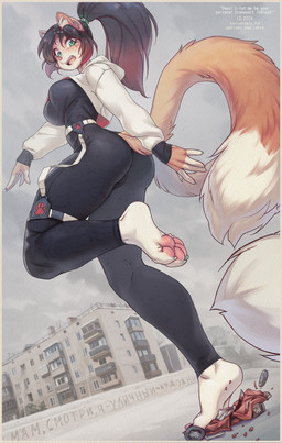2_toes 4_toes 5_fingers accessory anthro barefoot belt big_breasts biped black_bodysuit black_clothing black_hair black_skinsuit blush blush_lines bodysuit border breasts building butt car claws clothed clothed_anthro clothed_female clothing countershading cropped_hoodie crush crushed_object crushed_vehicle cute_fangs destruction dipstick_tail embarrassed eyelashes fangs feet female female_anthro finger_claws fingerless_(marking) fingerpads fingers foot_crush fully_clothed fully_clothed_anthro fully_clothed_female fur graffiti graffiti_on_wall green_accessory green_claws green_eyes green_hair_accessory grey_sky grey_text hair hair_accessory hair_ring highlights_(coloring) hindpaw hood hood_down hoodie humanoid_hands humanoid_heel inner_ear_fluff iris legband long_hair long_ponytail long_sleeves long_tail macro markings multicolored_body multicolored_fur on_one_leg outside pawpads paws pink_inner_ear pink_nose pink_pawpads pink_tongue plantigrade plantigrade_pawpads ponytail pupils raised_heel red_highlights side_view skinsuit sky slit_pupils solo standing tail tail_markings tan_body tan_ears tan_fur tan_hands tan_tail teeth text thighband tight_clothing toe_claws toes tongue topwear tuft two_tone_body two_tone_fur upper_teeth upper_teeth_only vehicle vehicle_destruction white_belt white_body white_border white_clothing white_countershading white_feet white_fingers white_hoodie white_inner_ear_fluff white_legband white_markings white_sclera white_tail_tip white_text white_topwear white_tuft iskra ramia_(iskra) felid feline mammal 2024 cyrillic_text dated digital_drawing_(artwork) digital_media_(artwork) english_text full-length_portrait hi_res portrait shaded translated url