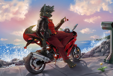 anthro black_body black_fur black_nose claws fangs fur leaning looking_at_viewer male motorcycle muscular sea solo sunset teeth vehicle water yellow_eyes sparkittyart canid canine canis mammal wolf absurd_res hi_res