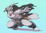 5_fingers 5_toes accessory anthro armor asian_sword belt bottomwear bracers brown_body brown_fur bulge chest_tuft clothing coat_cape cyan_background feet fingers foot_wraps fur greaves grey_body grey_fur headband holding_melee_weapon holding_object holding_sword holding_weapon humanoid_hands jacket kemono loincloth looking_at_viewer male melee_weapon muscular muscular_anthro muscular_male ninjato nipples open_mouth scabbard simple_background solo sword toes topwear tuft weapon wraps kira_nerisu lifewonders tokyo_afterschool_summoners horkeu_kamui_(tas) canid canine canis mammal wolf