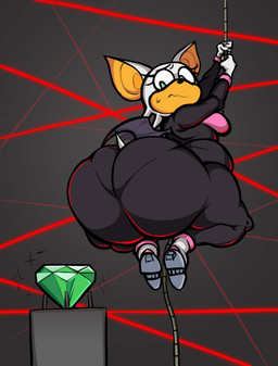 anthro big_breasts big_butt bodily_fluids breasts butt clothing emerald_(gem) female gem heist huge_butt huge_hips huge_thighs laser nervous nervous_sweat panty_lines rapelling solo sweat thick_thighs tight_clothing wide_hips nitarustarium sega sonic_the_hedgehog_(series) rouge_the_bat bat mammal absurd_res hi_res