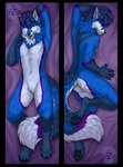 anthro blue_body blue_fur dakimakura fluffy fluffy_tail fur looking_at_viewer lying male navel nude on_back open_mouth open_smile paws purple_eyes smile solo tail white_body white_fur butteredshep canid canine fox mammal dakimakura_design hi_res