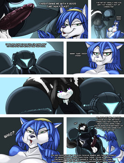anthro balls big_breasts big_butt big_penis black_body black_fur black_hair blue_body blue_fur blue_hair breasts butt dialogue duo erection female fur genitals green_eyes gynomorph hair intersex nude penis text white_body white_fur doctor_awesome nintendo star_fox dark_samus krystal_(star_fox) canid canine fox mammal mephitid skunk absurd_res comic english_text hi_res