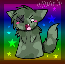 alternative_fashion blush camo_fur emo eye_patch eyewear feral fluffy fluffy_tail fur green_body green_fur male open_mouth rainbow rainbow_background simple_background solo tail teeth wywyrm mewgenics fenrir_(mewgenics) felid mammal hi_res
