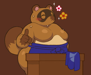 anthro apron blush bodily_fluids brown_body brown_fur butt clothed clothing flower fur male moobs obese obese_anthro obese_male overweight overweight_anthro overweight_male plant simple_background solo sweat tail topless skoozletaz animal_crossing nintendo tom_nook_(animal_crossing) canid canine mammal raccoon_dog tanuki 2026