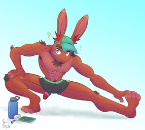 abs anthro armpit_hair bodily_fluids body_hair bottle bottomwear cellphone clothed clothing container electronics genital_fluids genitals male muscular muscular_male pecs penis penis_poking_out penis_through_leghole phone precum shorts solo stretching topless water_bottle kandlekidart lagomorph leporid mammal rabbit hi_res