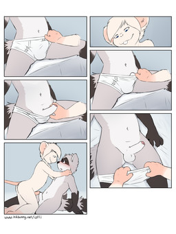 anthro aroused assisted_exposure bed black_body black_fur blue_eyes blush briefs buckteeth bulge butt chest_tuft clothed clothing clothing_pull detailed_bulge duo embarrassed erection erection_under_briefs erection_under_clothing eye_contact eyewear flustered foreskin fur furniture genital_outline genitals glasses grabbing_sheets grey_body grey_fur hair hand_on_shoulder looking_at_another looking_at_partner looking_down lying male male/male navel nude on_back on_bed partially_clothed partially_retracted_foreskin penile penis penis_outline penis_poking_out penises_touching reclining removing_underwear shota sitting smile teeth tenting tighty_whities touching_tips tuft underwear underwear_down underwear_only underwear_pull undressing undressing_another white_body white_briefs white_clothing white_fur white_underwear young young_anthro young_male young_on_young iztli mammal mouse murid murine procyonid raccoon rodent absurd_res comic hi_res multiple_scenes