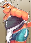 anthro belly big_belly black_nose blush boxer_briefs clothed clothing crossdressing cute_fangs kemono locker_room maid_uniform male overweight overweight_male solo underwear uniform diru11 canid canine canis domestic_dog mammal 2015