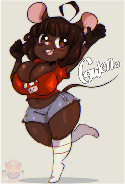 ahoge anthro big_breasts border breasts brown_body brown_eyes brown_fur brown_hair cleavage clothed clothing eyelashes eyewear female footwear fur glasses gloves_(marking) grey_background hair legwear looking_at_viewer markings mole_under_mouth navel open_mouth open_smile pink_nose red_clothing red_topwear round_glasses short_hair simple_background smile socks solo text thick_thighs thigh_highs thigh_socks topwear white_border white_clothing white_footwear white_socks wide_hips cosmicpussycat gwen_geek gwen_martin mammal mouse murid murine rodent hi_res