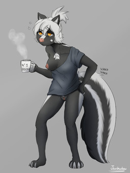 anthro areola beverage big_tail black_body black_fur breasts clothed clothing coffee crotch_tuft ear_piercing female fur genitals hair medium_breasts nipple_outline nipples one_breast_out piercing scratching_butt simple_background solo star tail text tired tuft vulva wardrobe_malfunction white_body white_fur white_hair javshadow roxie_(javshadow) mammal mephitid skunk 3:4 absurd_res digital_media_(artwork) hi_res