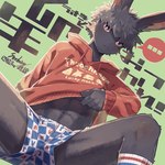 abs anthro athletic athletic_anthro athletic_male blush bodily_fluids clothed clothing clothing_lift footwear fur grey_body grey_fur hair hoodie hoodie_lift kemono looking_at_viewer male socks solo sweat topwear underwear steelwire tarobandit lagomorph leporid mammal rabbit 1:1 2024 hi_res