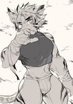 5_fingers anthro biped bulge claws eyebrows fingers fur kemono male solo striped_body striped_fur stripes tail milkybot onmyou_taisenki kogenta_(onmyou_taisenki) felid mammal hi_res monochrome