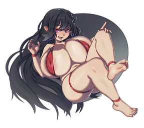 areola big_breasts black_hair breasts clothed clothing feet female hair huge_breasts humanoid_feet not_furry plantigrade solo sandcavern humanoid vampire hi_res