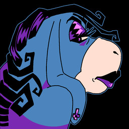 black_background black_hair blue_body clothed clothing crossdressing ear_piercing eyebrows eyelashes eyeshadow frown hair half-closed_eyes lipstick long_ears long_eyelashes looking_back makeup male narrowed_eyes piercing purple_eyes simple_background solo batshaped disney winnie_the_pooh_(franchise) eeyore asinus donkey equid equine mammal 1:1 2024 aliasing bust_portrait digital_drawing_(artwork) digital_media_(artwork) flat_colors icon portrait