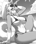 anthro beach big_breasts bikini breasts clothing eyewear female hair heart_symbol looking_at_viewer ponytail sitting solo sunglasses swimwear two-piece_swimsuit ookamiwaho okami_bark canid canine canis mammal wolf 2024 5:6 greyscale hi_res monochrome