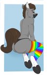 anthro big_butt black_clothing black_underwear blue_background blush brown_hair butt clothing eyes_closed femboy fur grey_body grey_fur hair hooves leg_markings legwear male markings multicolored_clothing multicolored_legwear multicolored_stockings rainbow_clothing rainbow_legwear rainbow_stockings simple_background socks_(marking) solo stockings thick_thighs thong underhoof underwear white_markings banzai.puppy dallas_prairiewind equid equine horse mammal digital_media_(artwork) hi_res shaded