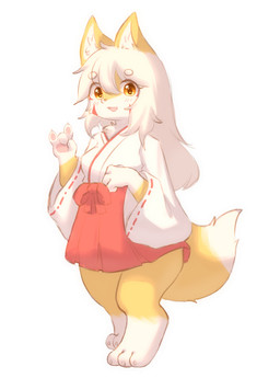 3_toes 4_fingers anthro asian_clothing barefoot biped blonde_hair bottomwear bow_(feature) breasts cheek_markings claws clothed clothing clothing_bow cute_fangs digitigrade dipstick_tail east_asian_clothing facial_markings fangs feet female finger_claws fingers fluffy fluffy_tail fox_hand_gesture front_view fully_clothed fur gesture glistening glistening_eyes gloves_(marking) grey_nose hair hakama head_markings humanoid_hands inner_ear_fluff japanese_clothing kemono leg_markings long_hair looking_at_viewer markings miko_outfit monotone_hair multicolored_body multicolored_fur multicolored_tail open_mouth open_smile pawpads pink_pawpads platinum_blonde pupils red_bottomwear red_bow red_clothing red_hakama red_markings short_snout shrine_maiden simple_background small_breasts smile snout socks_(marking) solo standing tail tail_markings teeth three-quarter_view toe_claws toes topwear tuft two_tone_body two_tone_fur two_tone_tail white_background white_body white_claws white_clothing white_fur white_hair white_haori white_inner_ear white_inner_ear_fluff white_tail white_tail_tip white_topwear wide_hips yellow_body yellow_ears yellow_eyes yellow_fur canxue canxue_(character) canid canine fox mammal 2024 colored digital_media_(artwork) full-length_portrait hi_res portrait