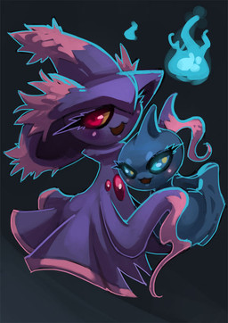 ambiguous_gender black_background blue_eyes duo looking_at_viewer purple_eyes simple_background smile bittenhard nintendo pokemon generation_3_pokemon generation_4_pokemon ghost mismagius pokemon_(species) shuppet spirit