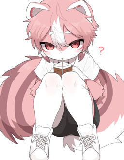 anthro blush bottomwear clothed clothed_anthro clothed_male clothing container drinking_straw footwear fur hair kemono looking_at_viewer male male_anthro milk_carton milk_container multicolored_body multicolored_fur multicolored_hair pink_body pink_fur pink_hair question_mark shirt shoes shorts sitting solo tail topwear white_body white_fur white_hair young young_anthro young_male aellaellae naruta mammal rodent sciurid tree_squirrel 2026 absurd_res digital_media_(artwork) hi_res
