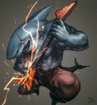 abs anthro biceps big_muscles clothed clothing electricity fangs fin grin guitar huge_muscles jawesome lightning male muscular muscular_anthro muscular_male musical_instrument pecs playing_guitar playing_music plucked_string_instrument pose scales scar smile solo string_instrument tail teeth topless yellow_eyes nick300 fish great_white_shark mackerel_shark marine shark white_shark