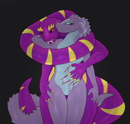 ambiguous_gender anthro black_sclera blood blue_sclera bodily_fluids duo featureless_crotch female long_neck pupils scratching slit_pupils tail wounded mazmaven fern_(fern_anne) cobra pit_viper reptile scalie snake viper hi_res