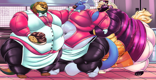 anthro asparagus beef belly bicolored_fur big_belly blue_body blue_fur blue_scales chef chef_hat chef_uniform clothing cutlery feederism feeding food fork fruit fur group hat headgear headwear kitchen kitchen_utensils legume light_hair male male/male mashed_potatoes meat moobs obese obese_anthro obese_male overweight overweight_anthro overweight_male pea_(food) plant purple_body purple_fur restaurant scales steak steak_in_mouth thick_thighs tools trio uniform vegetable waiter white_body white_fur wide_hips yellow_body yellow_scales lionberrymochi bandai_namco digimon digimon_(species) dinosaur hyena mammal prehistoric_species renamon reptile scalie absurd_res hi_res